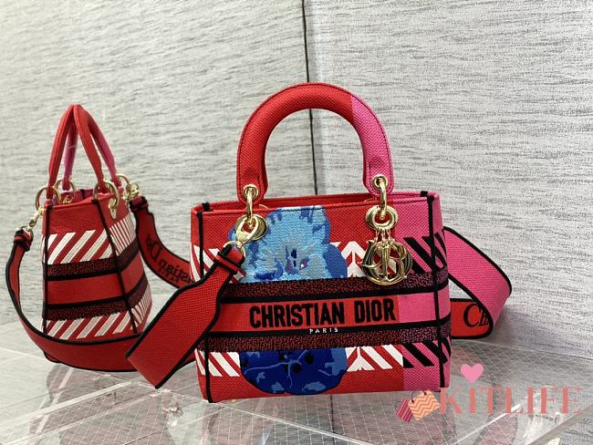 Kitlife Dior Medium Lady D-Lite Bag Bright Pink Multicolor D-Flower Pop Embroidery - 24cm - 1