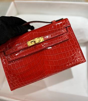 Kitlife Hermes Mini Pochette Kelly Red Crocodile Shiny Leather - 22 cm x 14 cm x 7 cm