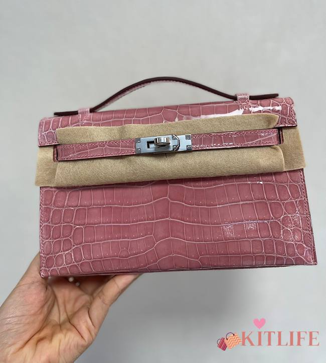 Kitlife Hermes Mini Pochette Kelly Crocodile Pink Shiny Leather - 22 cm x 14 cm - 1