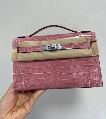 Kitlife Hermes Mini Pochette Kelly Crocodile Pink Shiny Leather - 22 cm x 14 cm