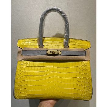 Kitlife Hermes Birkin Shiny Niloticus Leather Yellow Gray With Gold Hardware - 30cm