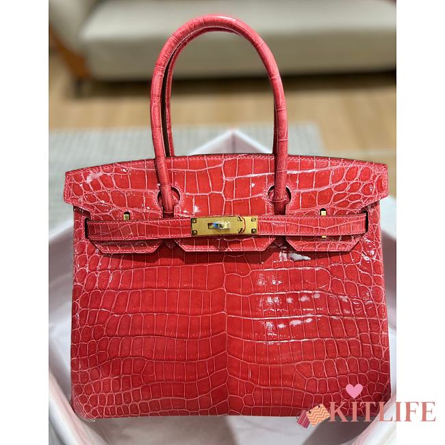 	 Kitlife Hermes Birkin Niloticus Crocodile Shiny Red Leather Gold Hardware - 30cm - 1