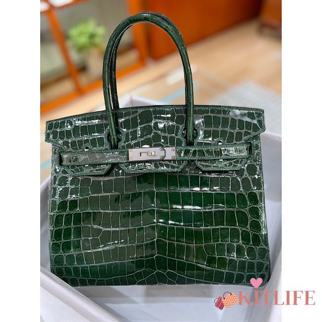 	 Kitlife Hermes Birkin Niloticus Crocodile Shiny Dark Green Leather Gold Hardware - 30cm - 1