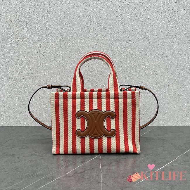 Kitlife Celine Canvas Calfskin Red Striped Small Triomphe Cabas Thais Nature - 29×19×13 - 1