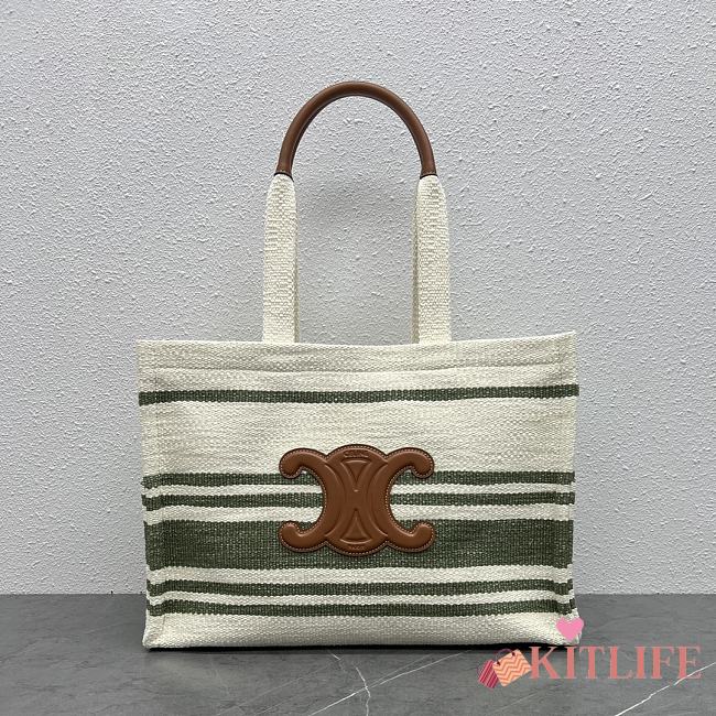 	 Kitlife Celine Canvas Calfskin Green Striped Small Triomphe Cabas Thais Nature - 41 X 28 X 17 - 1