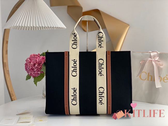 Kitlife Chloe large woody tote bag with strap black&brown - 45*33*13 cm - 1