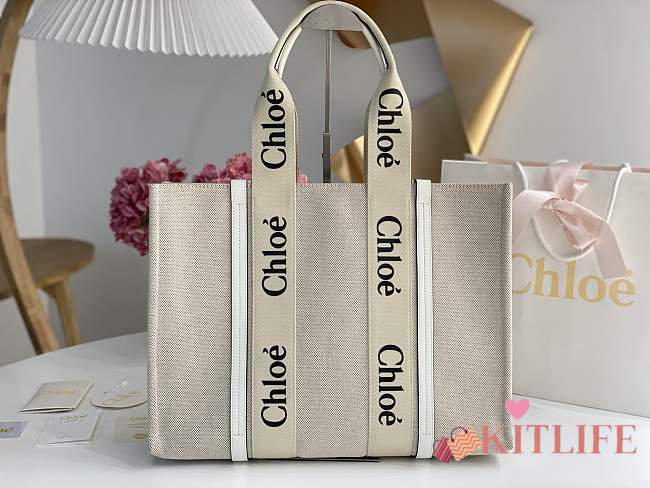 Kitlife Chloe large woody tote bag with strap white - 45*33*13 cm - 1