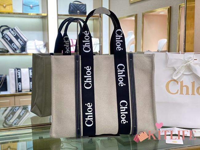 Kitlife Chloe large woody tote bag with strap black and beige - 45*33*13 cm - 1