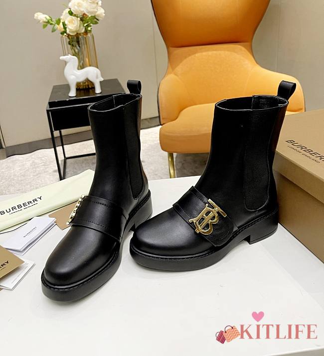 	 Kitlife Burberry Monogram Motif Brushed Leather Chelsea Boots in Black - 1
