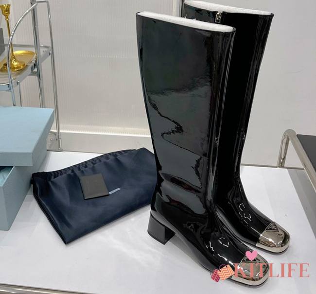 Kitlife Prada Knee High Boot Patent Leather - Black, Beige - 1