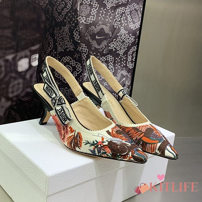 Kitlife Dior J'ADIOR SLINGBACK PUMP - White Multicolor Jardin d'Hiver Embroidered Cotton - 1