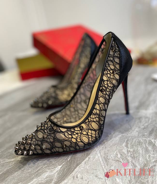  Kitlife Christian Louboutin Kate Black Lace Spiked Pumps - 1