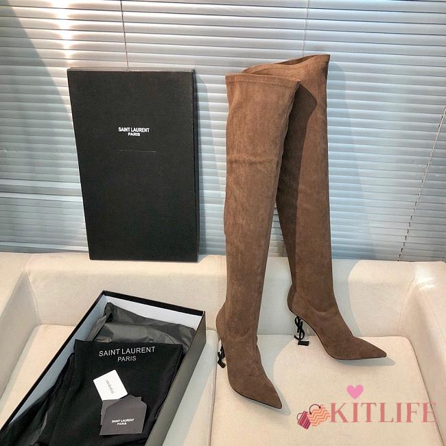 KITLIFE YSL OPYUM BOOTIES IN VELVET LEATHER WITH BLACK HEEL IN BLACK, WHITE, BROWN - 1