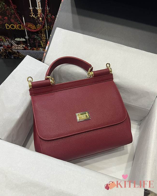 	 Kitlife Dolce & Gabbana Medium Sicily Tote Burgundy Leather Tote Bag - 25×20×12cm - 1