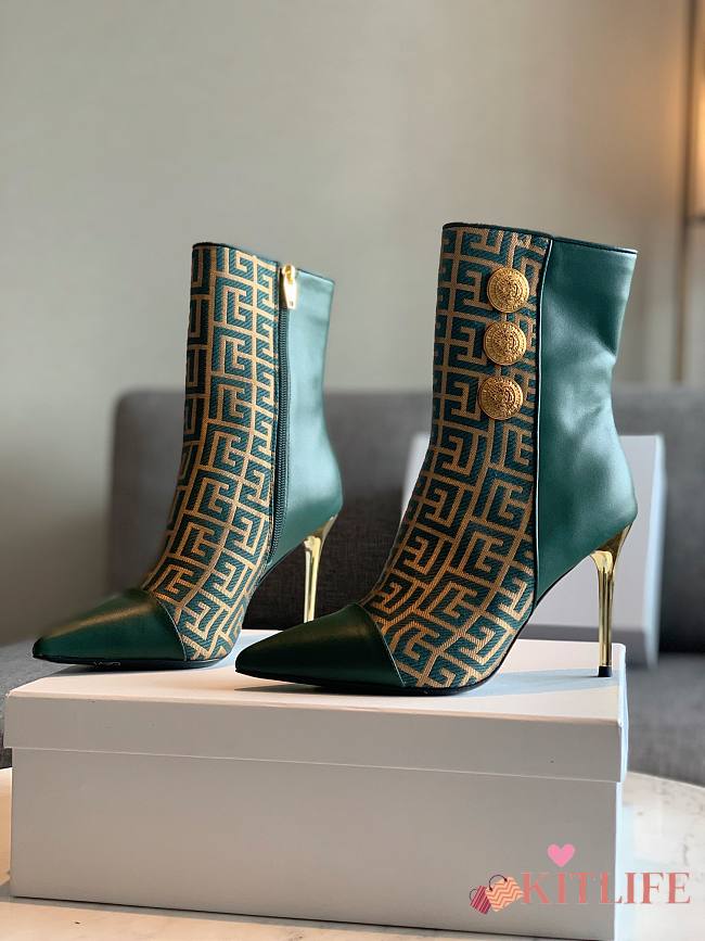 Kitlife Balmain Green Roni Monogram Jacquard Ankle Boots - 1