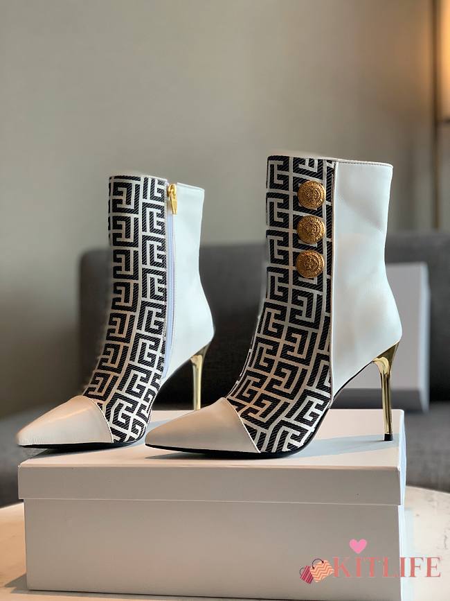 	 Kitlife Balmain White Roni Monogram Jacquard Ankle Boots - 1