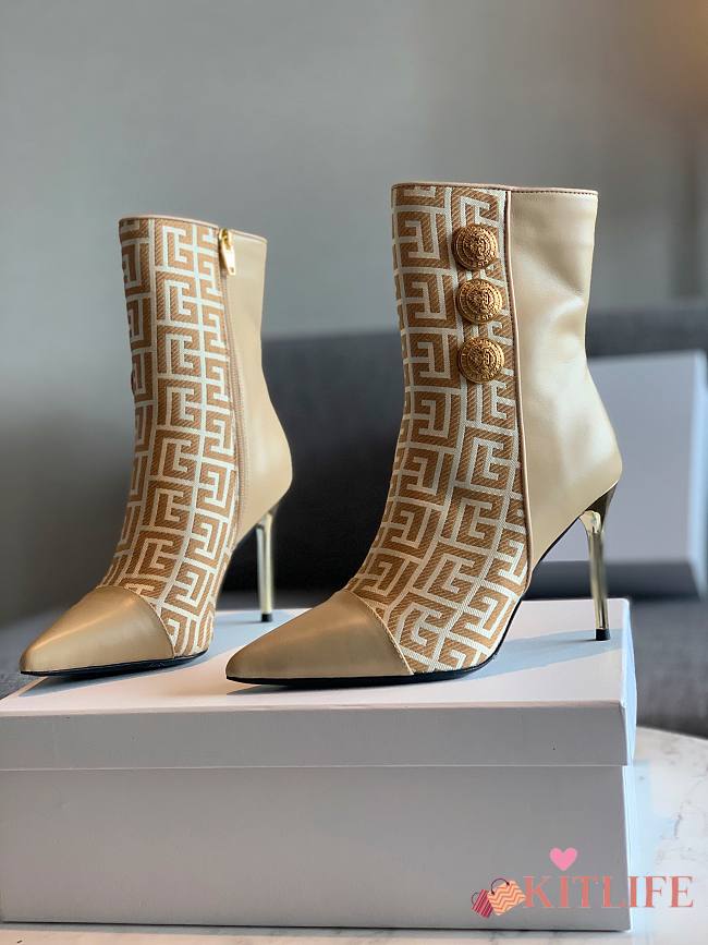 	 Kitlife Balmain Beige Roni Monogram Jacquard Ankle Boots - 1