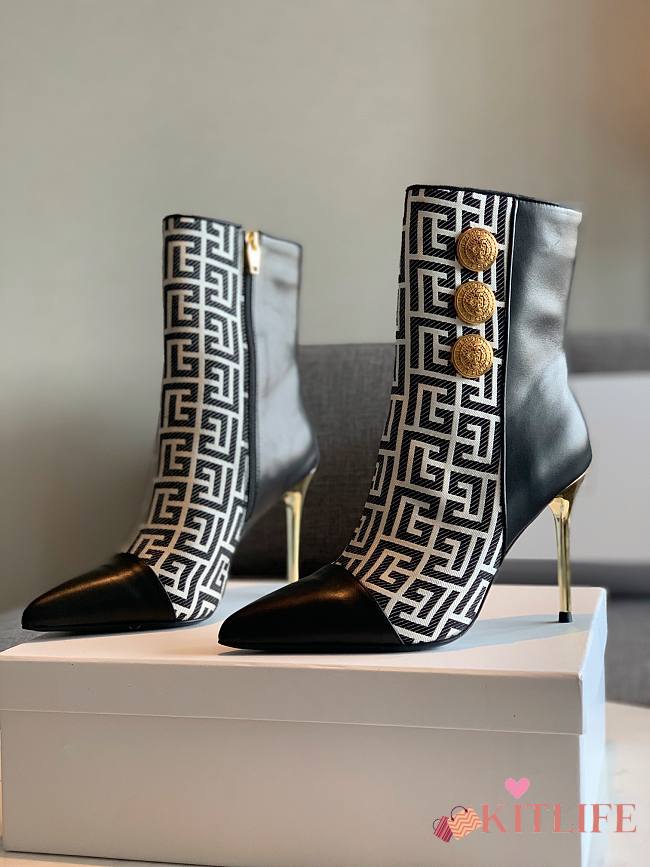 	 Kitlife Balmain Black Roni Monogram Jacquard Ankle Boots - 1