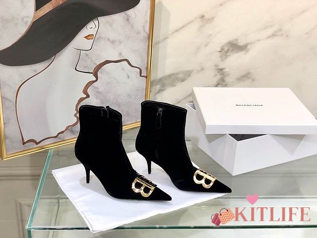 	 Kitlife Balenciaga Black BB Velvet Leather Ankle Long Boots - 1