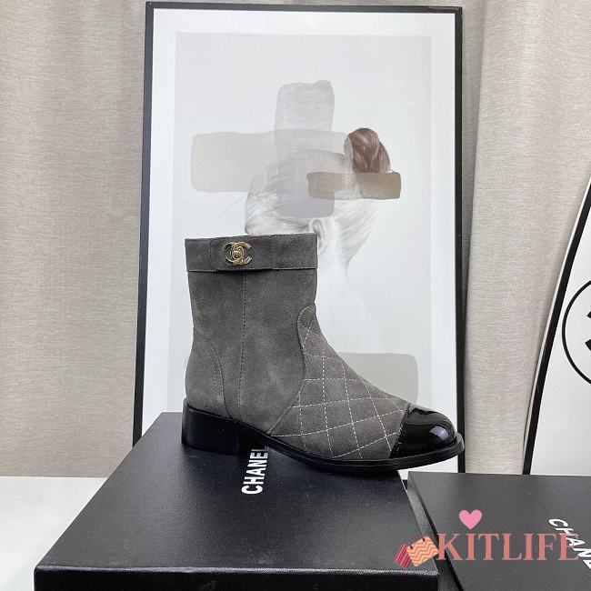 	 Kitlife Chanel Flat Back Ankle Boots Black/Grey Velvet Leather - 1