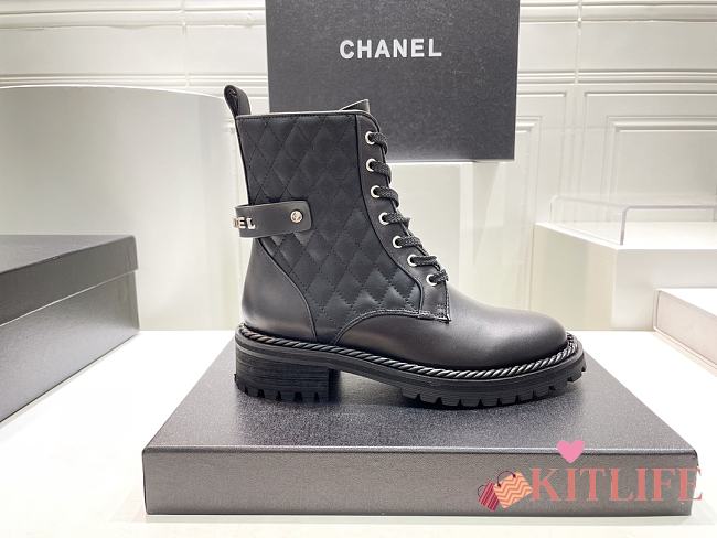 	 Kitlife Chanel Lace Up Combat Soft Leather Black Boots - 1