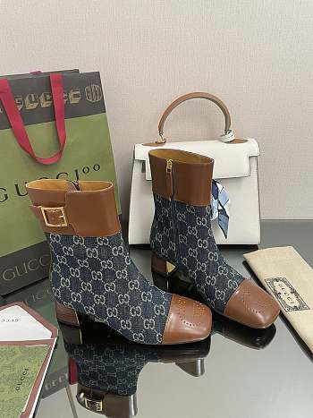 Kitlife Gucci Buckled logo-jacquard leather and blue canvas ankle boots