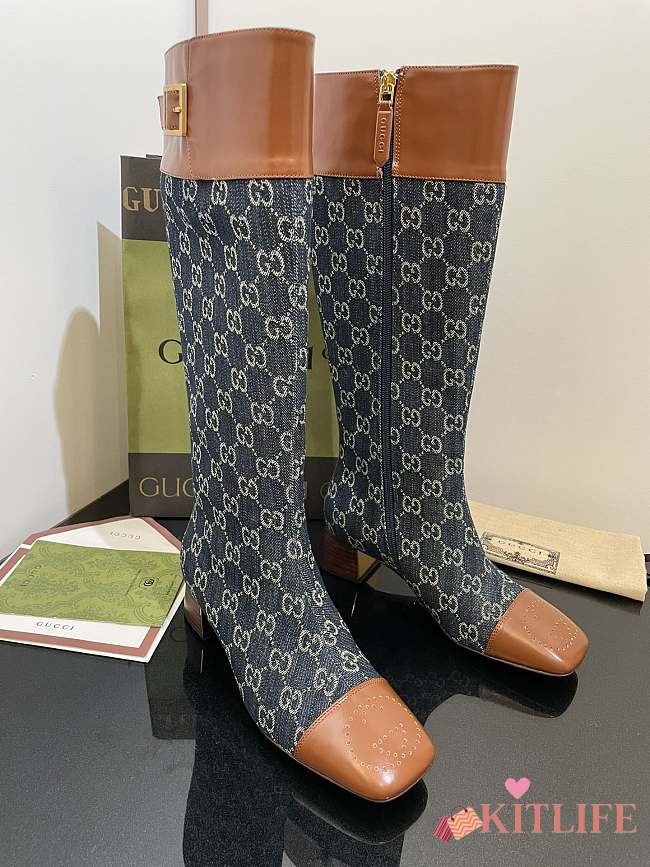 	 Kitlife Gucci Buckled logo-jacquard leather and blue canvas high-knee ankle boots - 1