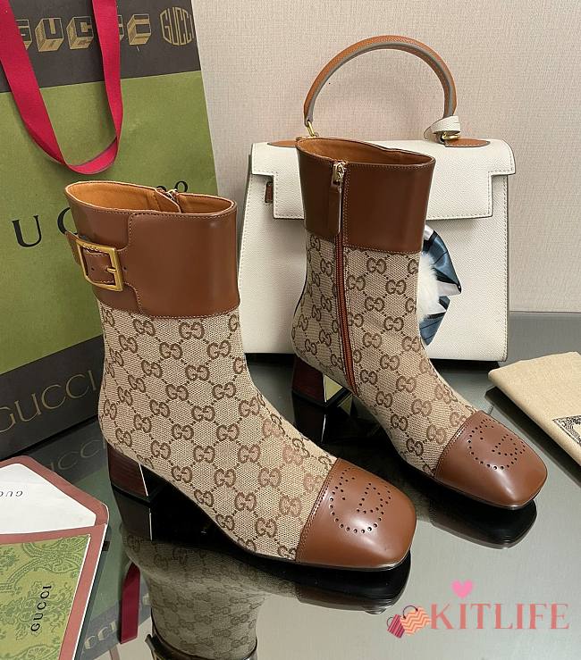 	 Kitlife Gucci Buckled logo-jacquard leather and beige canvas ankle boots - 1