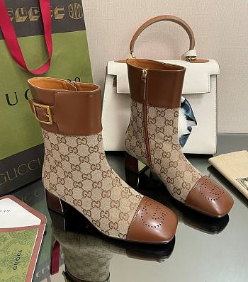 	 Kitlife Gucci Buckled logo-jacquard leather and beige canvas ankle boots