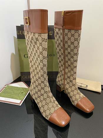 	 Kitlife Gucci Buckled logo-jacquard leather and beige canvas high-knee ankle boots