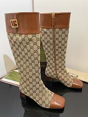	 Kitlife Gucci Buckled logo-jacquard leather and beige canvas high-knee ankle boots - 6