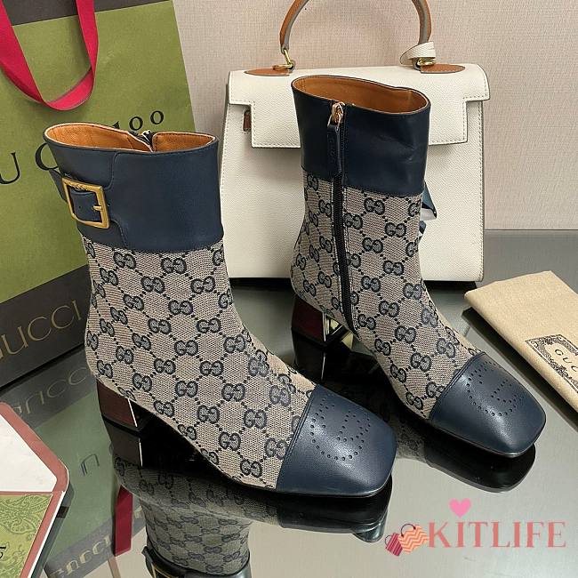 	 Kitlife Gucci Buckled logo-jacquard leather and Beige&Blue canvas ankle boots - 1