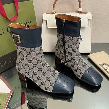 	 Kitlife Gucci Buckled logo-jacquard leather and Beige&Blue canvas ankle boots