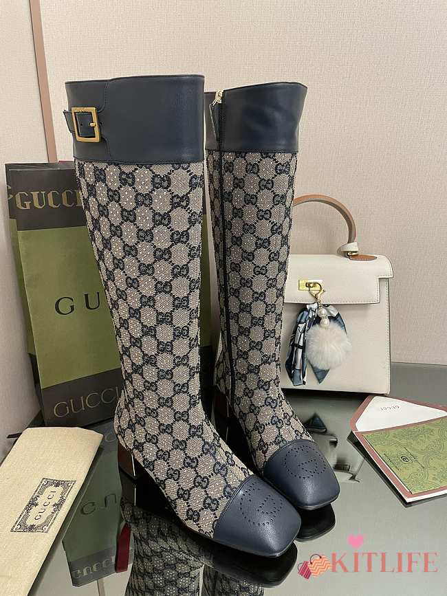 	 Kitlife Gucci Buckled logo-jacquard leather and beige&blue canvas high-knee ankle boots - 1