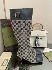 	 Kitlife Gucci Buckled logo-jacquard leather and beige&blue canvas high-knee ankle boots - 5