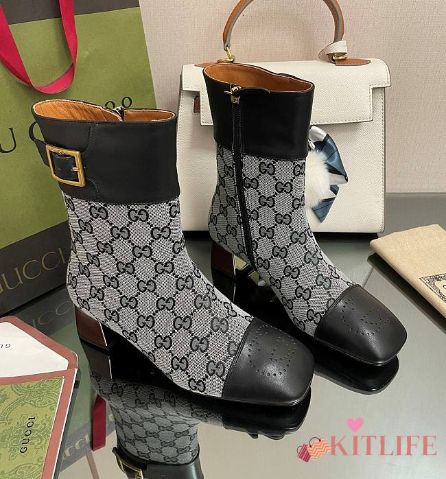	 Kitlife Gucci Buckled logo-jacquard leather and Beige&Black canvas ankle boots - 1