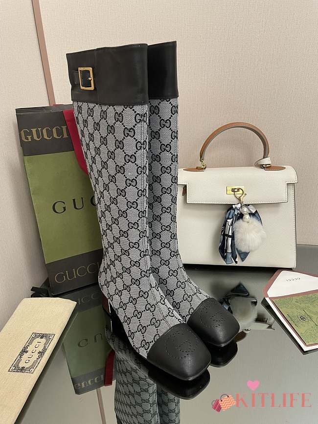 	 Kitlife Gucci Buckled logo-jacquard leather and beige&black canvas high-knee ankle boots - 1