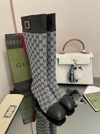 	 Kitlife Gucci Buckled logo-jacquard leather and beige&black canvas high-knee ankle boots