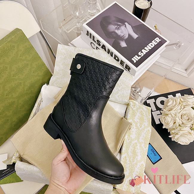 	 Kitlife Gucci Flat Boots Black Leather Small GG Logo - 1