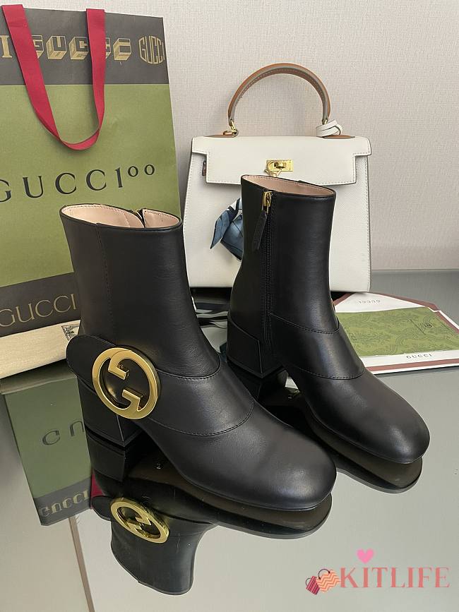 Kitlife Gucci Blondie embellished black leather-trimmed coated-canvas ankle boots - 1