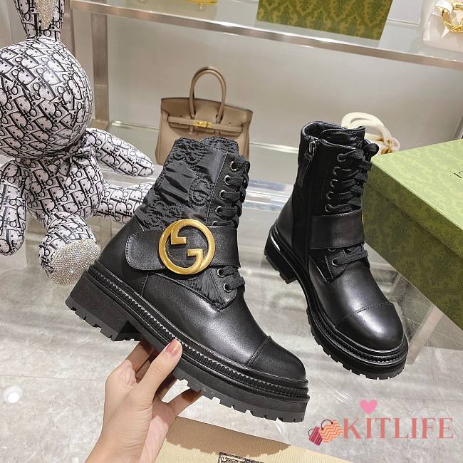 Kitlife Gucci Ankle Leather Nylon Boots GG Blondie Logo Black - 1