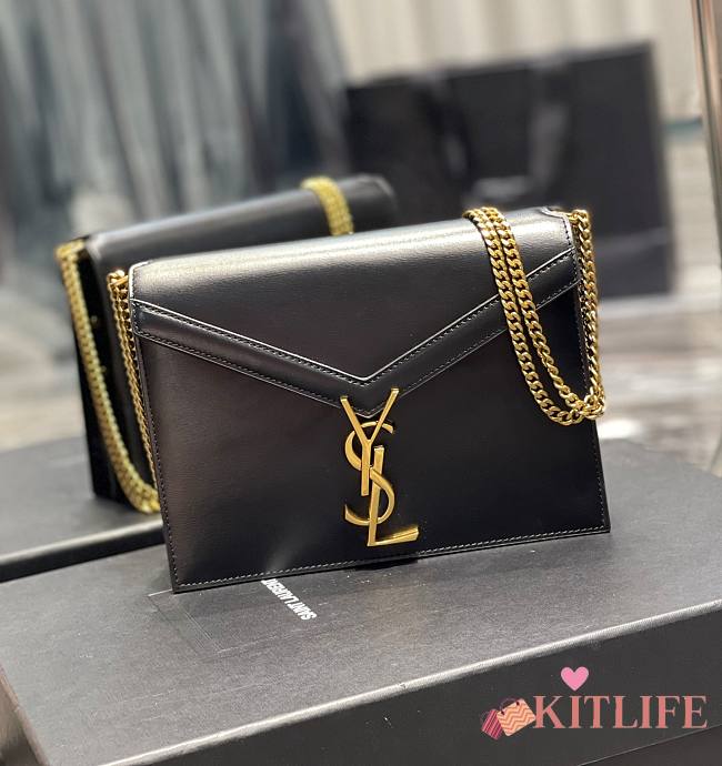 KITLIFE YSL CASSANDRA MEDIUM CHAIN BAG IN GRAIN DE POUDRE EMBOSSED BLACK LEATHER - 22x16.5x5.5cm - 1