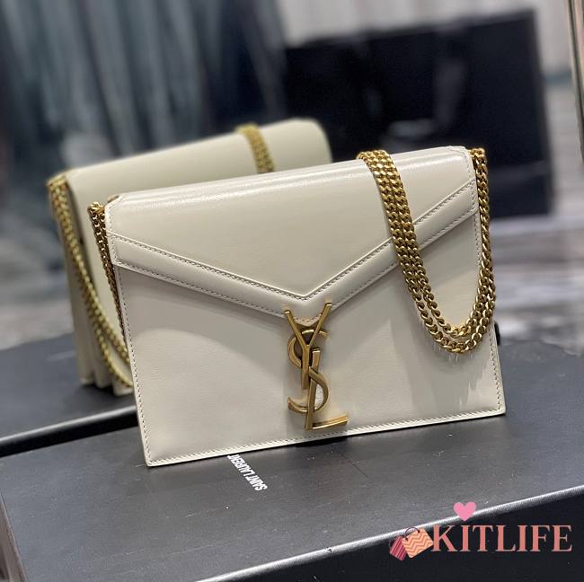 	 KITLIFE YSL CASSANDRA MEDIUM CHAIN BAG IN GRAIN DE POUDRE EMBOSSED WHITE  LEATHER - 22x16.5x5.5cm - 1