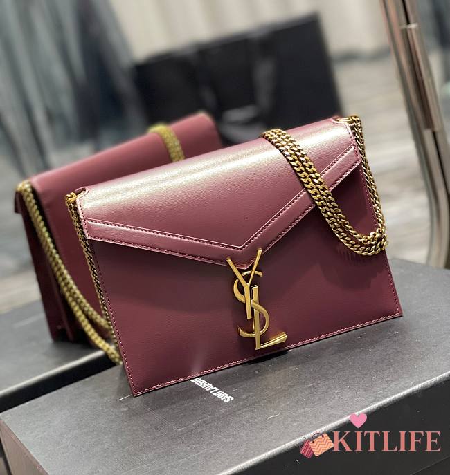 	 KITLIFE YSL CASSANDRA MEDIUM CHAIN BAG IN GRAIN DE POUDRE EMBOSSED BURGUNDY LEATHER - 22x16.5x5.5cm - 1