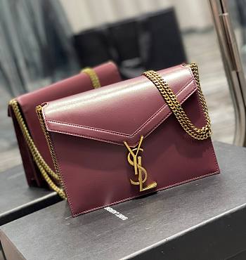 	 KITLIFE YSL CASSANDRA MEDIUM CHAIN BAG IN GRAIN DE POUDRE EMBOSSED BURGUNDY LEATHER - 22x16.5x5.5cm