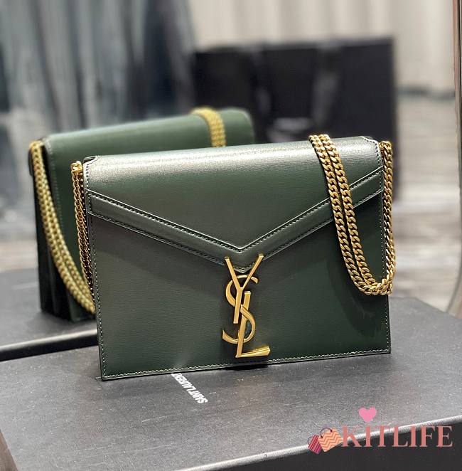 	 KITLIFE YSL CASSANDRA MEDIUM CHAIN BAG IN GRAIN DE POUDRE EMBOSSED GREEN LEATHER - 22x16.5x5.5cm - 1