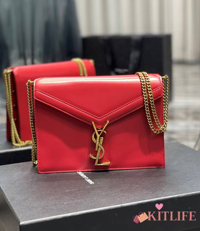 	 KITLIFE YSL CASSANDRA MEDIUM CHAIN BAG IN GRAIN DE POUDRE EMBOSSED RED LEATHER - 22x16.5x5.5cm - 1