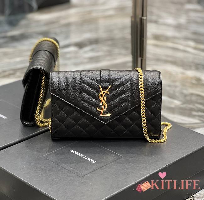 KITLIFE YSL MONOGRAM CHAIN WALLET IN MIX MATELASSÉ GRAIN DE POUDRE EMBOSSED BLACK LEATHER - 22,5 X 14 X 4 CM - 1