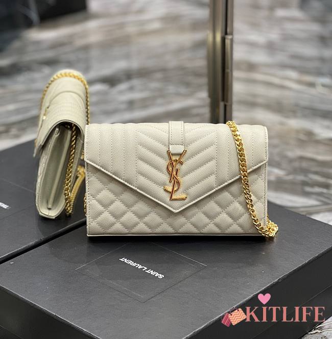 	 KITLIFE YSL MONOGRAM CHAIN WALLET IN MIX MATELASSÉ GRAIN DE POUDRE EMBOSSED WHITE LEATHER - 22,5 X 14 X 4 CM - 1