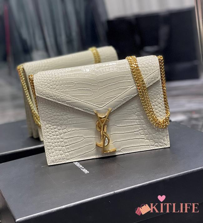 	 KITLIFE YSL CASSANDRA MEDIUM CHAIN BAG IN CROCODILE EMBOSSED WHITE LEATHER - 22x16.5x5.5cm - 1